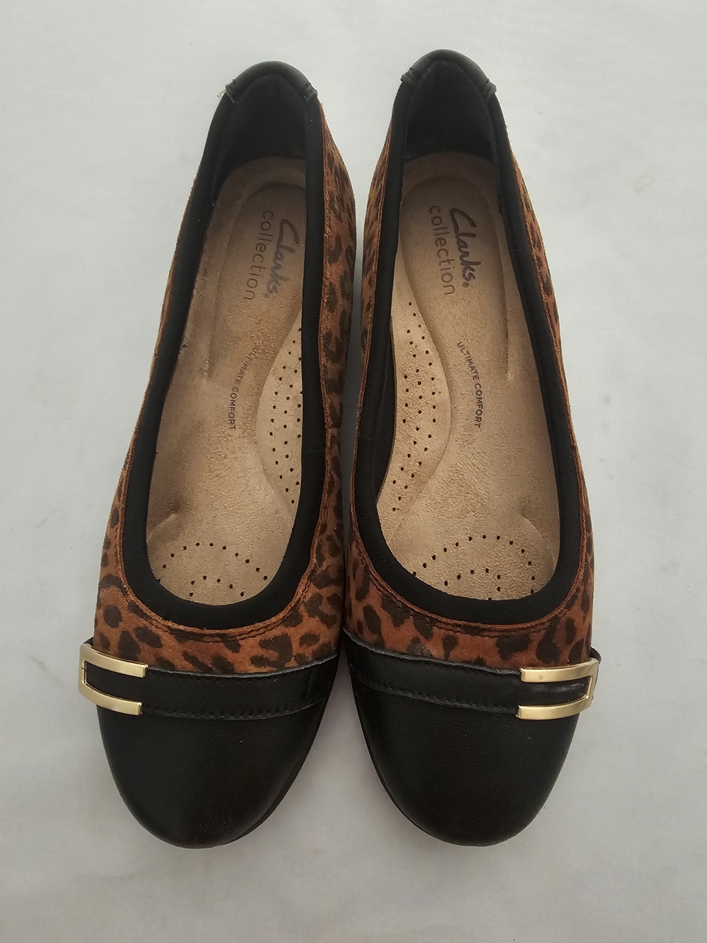 New- Clarks Brown Leopard and Black Ballet Flats with Gold Accent